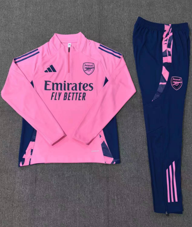 Arsenal Pink Tracksuit laid flat, highlighting fabric and design.