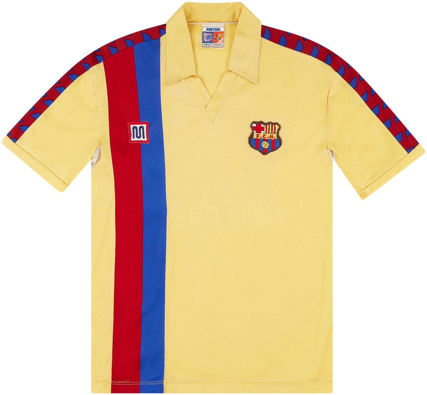 Front view of 1982–85 Barcelona away jersey by Meyba in yellow with red and blue stripe